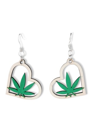 Cannabis Wooden Earring in Heart on Side