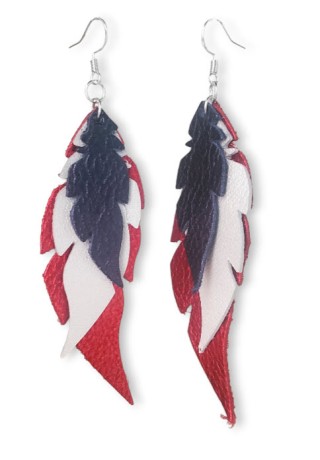 Red (Lrg), White and Blue Feather Leather Earrings