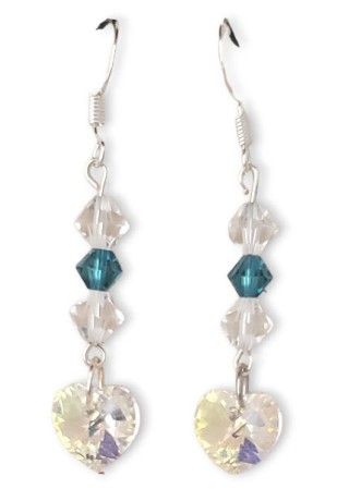 Austrian Crystal Clear Heart with Teal and Clear BiCone Earrings
