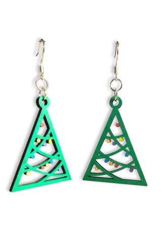 Green Christmas Tree with Bulbs Laser-Cut Wooden Earrings