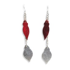 Red & Silver Leather Ornament Earrings with Dangling Chain 