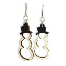 Snowman (White Outline) Black Top Hat Laser-Cut Wooden Earrings