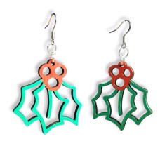 Red & Green Mistletoe Laser-Cut Wooden Earrings