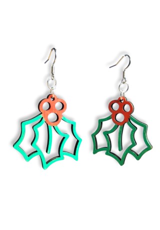 Red & Green Mistletoe Laser-Cut Wooden Earrings