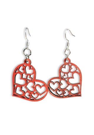 Hearts within a Heart Laser-Cut Wooden Earrings (Red)