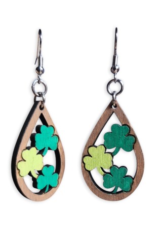 Three Shamrocks in a Teardrop Laser-Cut Wooden Earrings