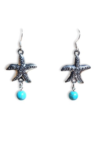 Metal Starfish with Turquoise Bead Earrings
