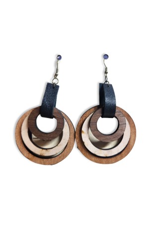 Laser Cut Wooden Circle Earrings with Black Leather Strap