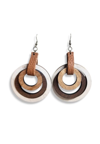 Laser Cut Wooden Circle Earrings with Brown Leather Strap
