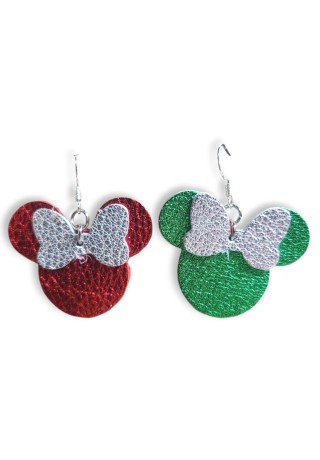 Red & Green Leather Mouse Ears with Silver Leather Bow 