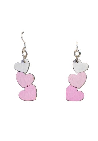Dangling Laser-cut Wooden Heart Earrings (White & Pink)