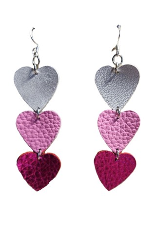 White, Pink, and Dark Pink Large Leather Dangling Heart Earrings White, Pink, and Dark Pink Large Leather Dangling Heart Earrings