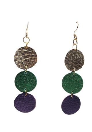 Gold, Green, and Purple Circle Leather Earrings
