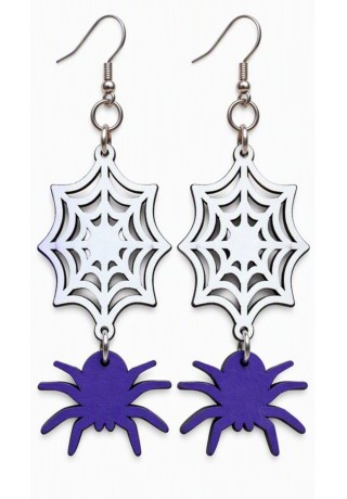 Spider (Purple) and Web Laser-Cut Wooden Earrings