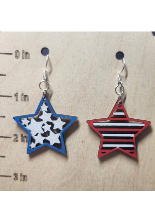 Star Shaped Stars and Stripes (Small) Laser-Cut Wooden Earrings