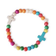 Multi-colored Beads with White and Turquoise Cross Charm Bracelet