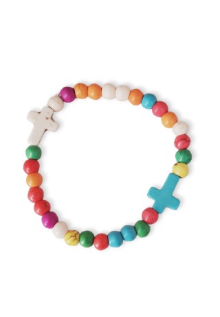 Multi-colored Beads with White and Turquoise Cross Charm Bracelet Multi-colored Beads with White and Turquoise Cross Charm Bracelet