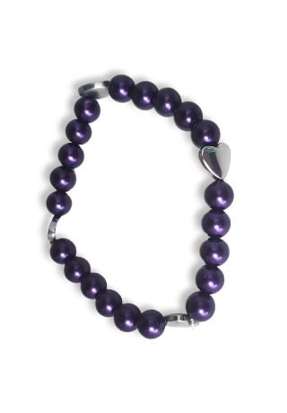 Purple Crystal Pearl Bracelet with Silver Metal Hearts