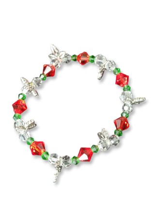 Green, Clear, and Red Crystal Bi-cone Beads Bracelet with Mistletoe Charms Green, Clear, and Red Crystal Bi-cone Beads Bracelet with Mistletoe Charms