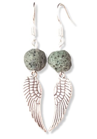 Gray Lava Bead Silver Metal Wing Earrings