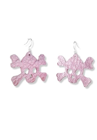 Shiny Pink Leather Skull and Cross-bone Earrings