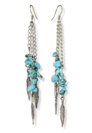 Synthetic Turquoise Chips with Metal Feather Earrings