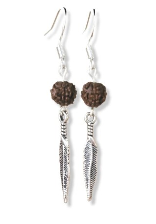 Small Brown Lava Bead Metal Feather Charm Earrings