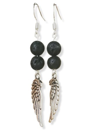 Black Lava Beads with Metal Angel Wing Earrings