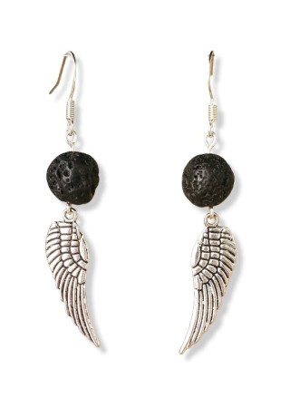 Black Lava Bead (Large) with Metal Angel Wing Earrings Black Lava Bead (Large) with Metal Angel Wing Earrings