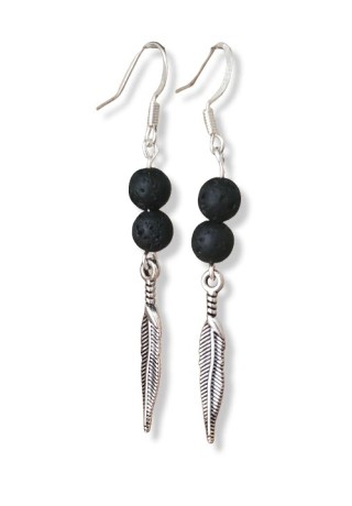 Black Lava Beads with Metal Feather Earrings