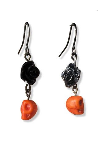 Orange Skull with Black Rose Earrings