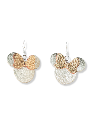 Platinum Leather Mouse Ears with Gold Bow Earrings