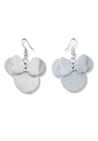 Silver Leather Mouse Ears with Silver Bow Earrings