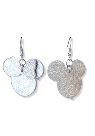 Silver Leather Mouse Ears with One Silver Bow Earrings