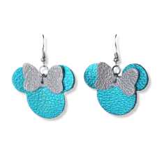 Teal Leather Mouse Ears with Silver Bow Earrings
