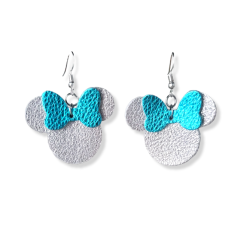 Silver Leather Mouse Ears with Teal Bow Earrings