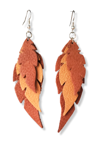 Brown and Tan Leather Feather Earrings