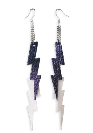 Blue and White Leather Lightning Earrings