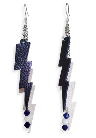 Blue and White Crystal Earrings with Leather Lightning Charms Blue and White Crystal Earrings with Leather Lightning Charms