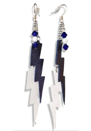 Blue and White Crystal Beads with Blue & White Leather Lightning Earrings Blue and White Crystal Beads with Blue & White Leather Lightning Earrings