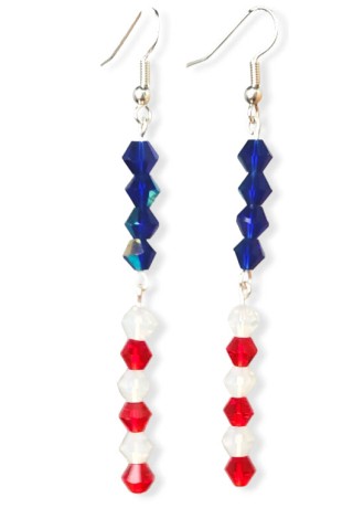 Red, White, and Blue Single Long Strand Crystal Bi-Cone Bead Earrings