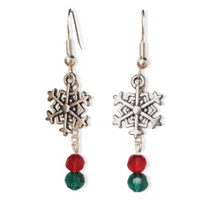 Snowflake with Red and Green Faceted Bead Earrings