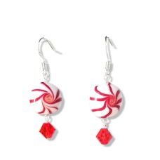 Peppermint Swirl Candy with Red Crystal Bead Earrings