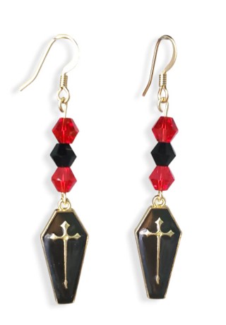 Black Coffin with Red and Black Crystal Bead Earrings Black Coffin with Red and Black Crystal Bead Earrings