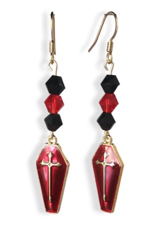 Red Coffin with Red and Black Crystal Bead Earrings Red Coffin with Red and Black Crystal Bead Earrings