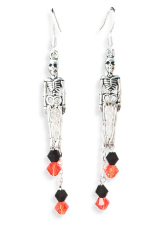 Skeleton with Orange and Black Crystal Beads Below Charm Earrings Skeleton with Orange and Black Crystal Beads Below Charm Earrings