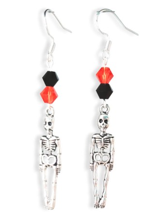 Skeleton with Orange and Black Crystal Bead Above Charm Earrings