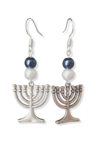 Menorah Charm with Blue and White Crystal Pearl Earrings