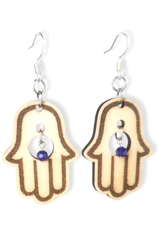Hamsa with Blue Crystal Bead Laser-Cut Wooden Earrings