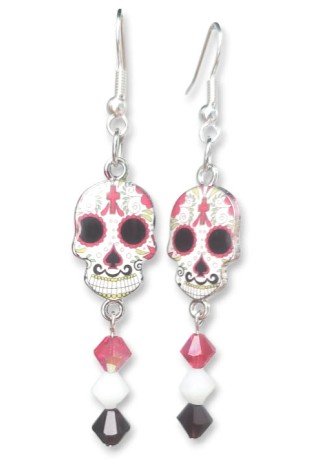Skull with Dark Pink, White, and Black Crystal Bead Earrings